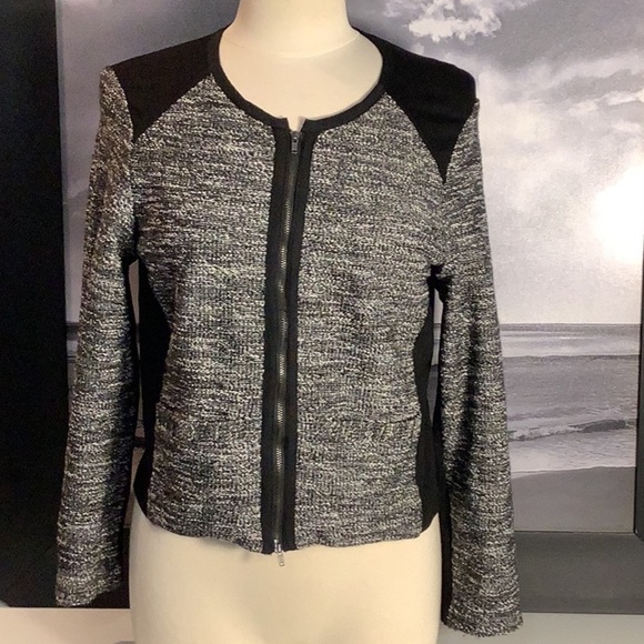 Eileen Fisher Black White Tweed Boucle’ Stretch Zip Front Sweater Jacket Sz M - Picture 1 of 11